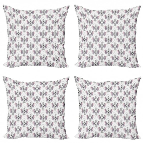 Butterfly Throw Pillow Cushion Case Pack of 4, Butterfly Classic Baroque Style Wings Moth with Paintbrush Background, Modern Accent Double-Sided Print, 4 Sizes, Baby Pink Black White, by Ambesonne