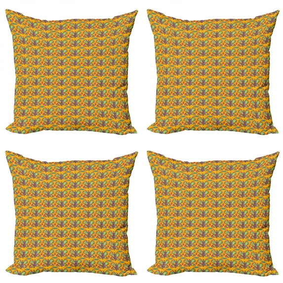 Butterfly Throw Pillow Cushion Case Pack of 4, Colorful Wings Leaves and Cherries on a Warm Colored Background Circles Dots, Modern Accent Double-Sided Print, 4 Sizes, Multicolor, by Ambesonne