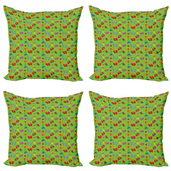 Butterfly Throw Pillow Cushion Case Pack of 4, Different Types of Butterflies Bugs and Insects Colorful Fauna on Green, Modern Accent Double-Sided Print, 4 Sizes, Green and Multicolor, by Ambesonne