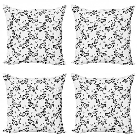Ambesonne Butterfly Throw Pillow Cover 4 Pack, Japanese Monochrome, 16", Black White