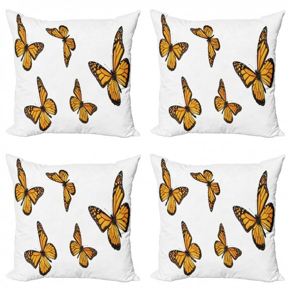 Ambesonne Butterfly Throw Pillow Cover 4 Pack, Gracious Winged Insect, 24", Earth Yellow Orange
