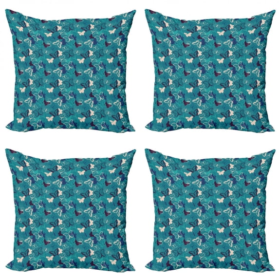 Butterfly Throw Pillow Cushion Case Pack of 4, Spring Feminine Winged Flying Animals Freedom Nature Theme, Modern Accent Double-Sided Print, 4 Sizes, Petrol Blue Dark Purple, by Ambesonne