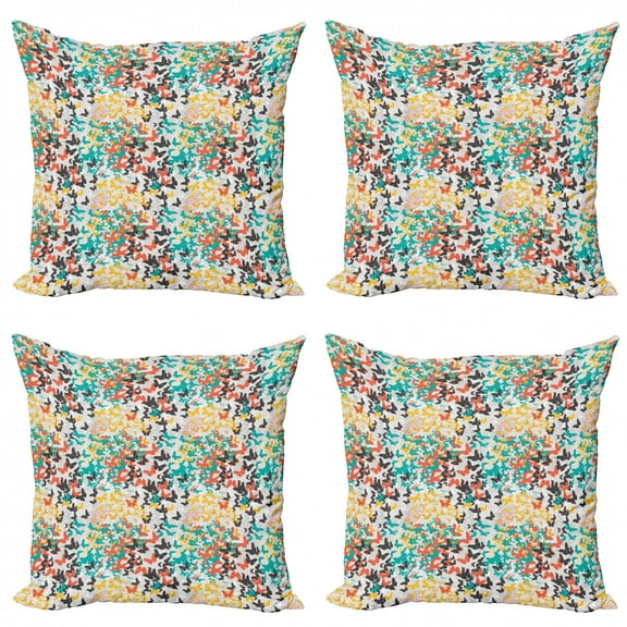 Butterfly Throw Pillow Cushion Case Pack of 4, Spring Season Inspirations with Happiness Joyful Flying Wings Kids Nursery, Modern Accent Double-Sided Print, 4 Sizes, Multicolor, by Ambesonne
