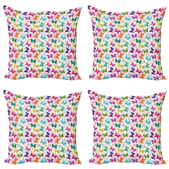 Ambesonne Butterfly Throw Pillow Cover 4 Pack, Vibrant Floral Happy, 20", Multicolor
