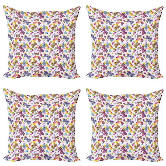 Ambesonne Butterfly Throw Pillow Cover 4 Pack, Vibrant Flora Dots, 20", Multicolor