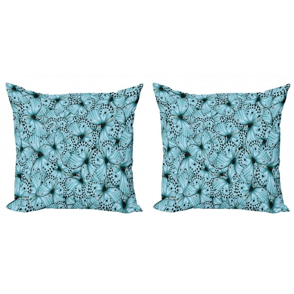 Butterfly Throw Pillow Cushion Cover Pack of 2, Composition of Spring Season Elements Monarch Exotic Woodland Bug Fauna, Zippered Double-Side Digital Print, 4 Sizes, Pale Blue and Black, by Ambesonne