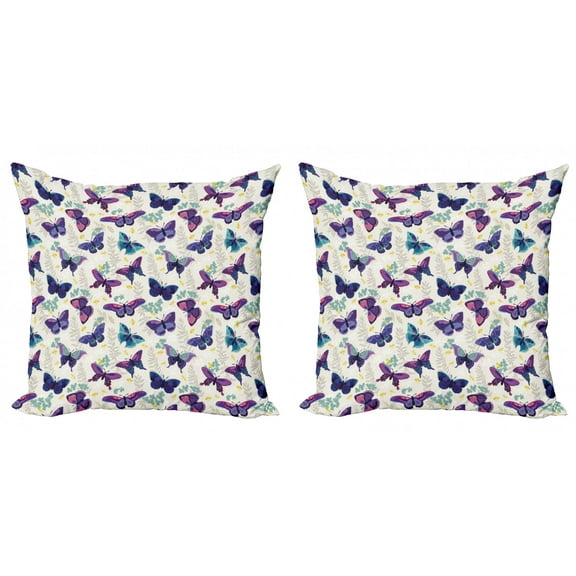 Ambesonne Butterfly Throw Pillow Cover 2 Pack, Colorful Ornate Garden, 16", Eggshell and Multicolor