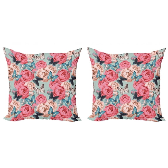 Ambesonne Colorful Throw Pillow Cover 2 Pack, Peony Rose Butterflies, 20", Multicolor