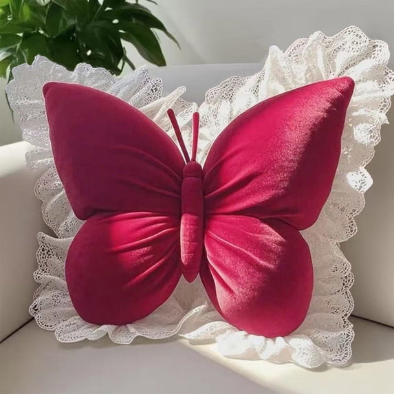 Butterfly Throw Pillow - Velvet Decorative Cushion for Sofa Bed, Lumbar Support Office Chair Car Seat, Red Home Decor Gift for Women Girls (50x40cm)