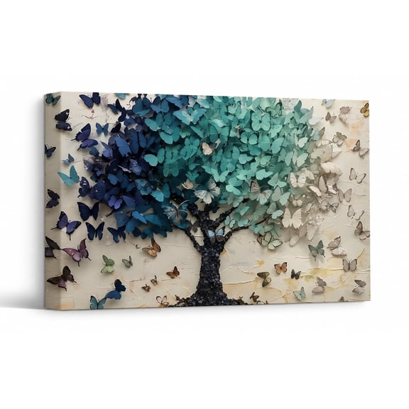 Butterfly Tree Canvas Wall Art, Blue Gradient Tree of Life Wall Decor, Butterfly Theme Print Painting Pictures, Home Artwork Decor for Living Room Bedroom 30"*20"
