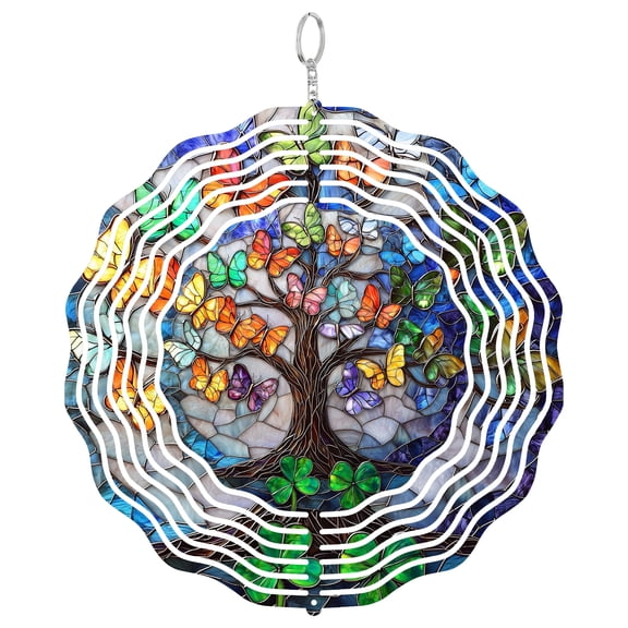 Butterfly Tree Clover Metal Wind Spinner, Blue Kinetic Yard Panel