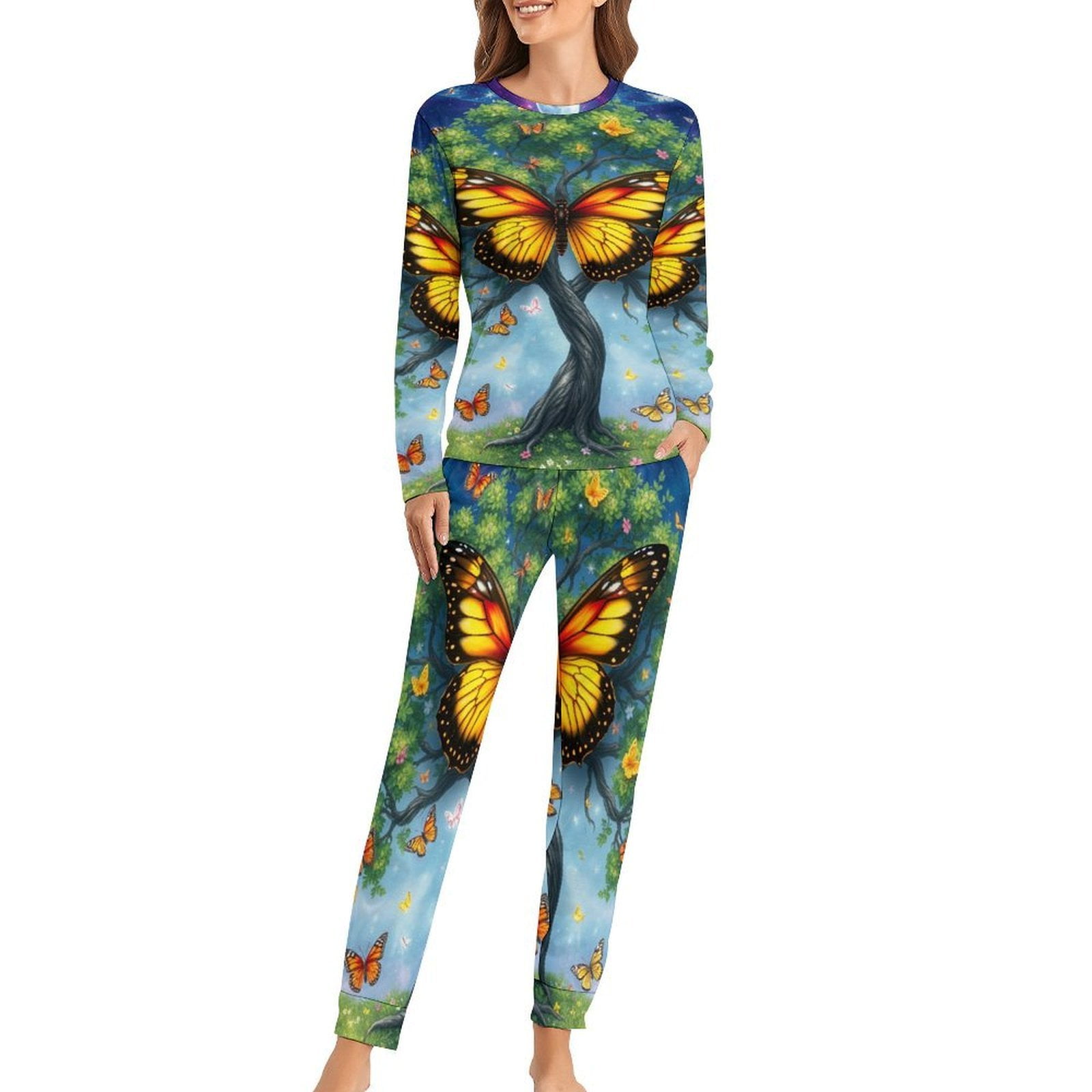 Butterfly Tree Fantasy Pajamas Woman Long Sleeves Cute Pajama Sets Two ...