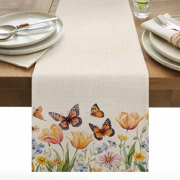 Butterfly Tulip Flowers Cotton Linen Table Runner Spring Floral Dining Table Runners for Home Decor Party Dining Room Restaurant Kitchen 13" x 48"