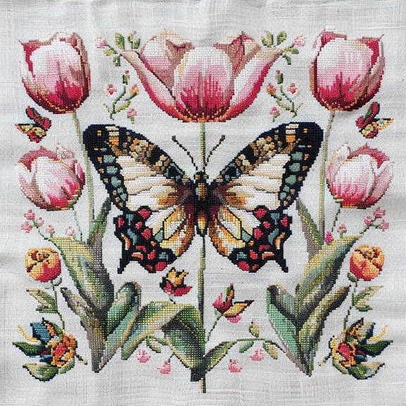 Butterfly Tulips DIY 11CT Stamped Cross Stitch Kits for Beginners Easy Needlepoint Embroidery Counted Cross Stitch Art Craft for Wall Decoration 14x14inch(2)