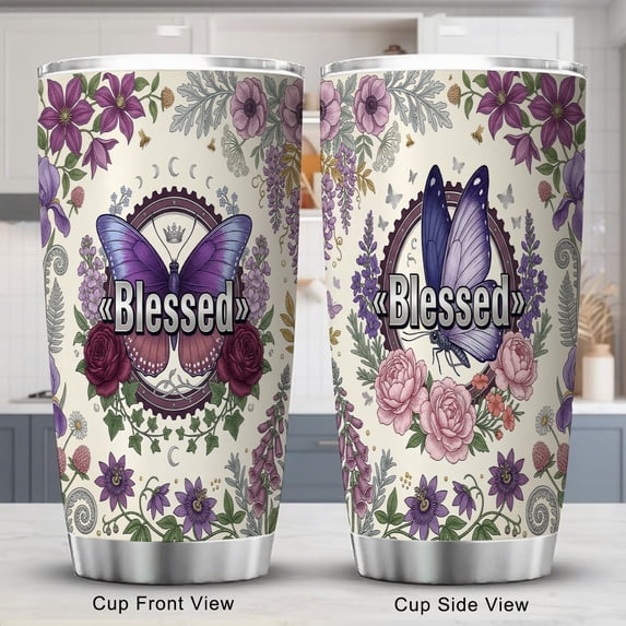 Butterfly Tumbler 20oz Jer. 17:7 Blessed Inspirational Bible Verse with Lid Botanic Purple for Women & Men Coffee Cup