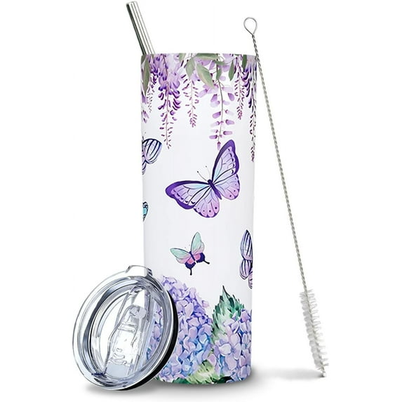 Butterfly Tumbler, Blue Purple Butterfly Gift, Butterfly Drinking Glasses/Tea Cup/Coffee Mug, Butterfly Decor Accessories- Butterfly Gifts for Women, Girls, Mom, Her, Kids - Butterfly Cup 20 Oz