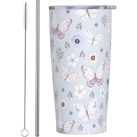 Butterfly Tumbler Flying Butterflies Stainless Steel Insulated Tumblers with Lid Straw Reusable Blue Purple Coffee Travel Mug Tea Drinking Wine Smoothie Cups Gifts for Women 20 Oz