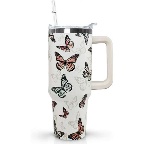 Butterfly Tumbler with Handle Lid and Straw,40 Oz Butterfly Tumbler Water Bottle Travel Coffee Cup Mug,Butterfly Gifts for Women Mom Daughter Girlfriend Teenage Girls Bridesmaid