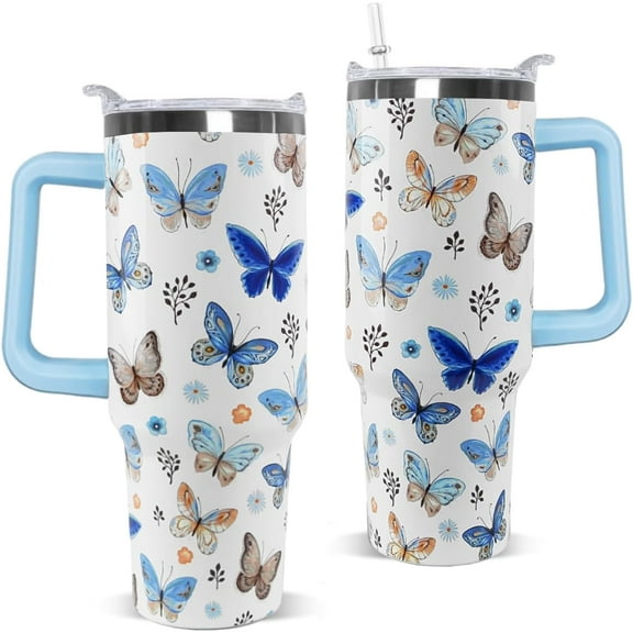 Butterfly Tumbler with Handle and Straw 40 OZ Blue Butterfly Cup Coffee Travel Mug Stainless Steel Insulated Water Bottle Butterflies Stuff Decor Gifts for Women Teenage Bridesmaid