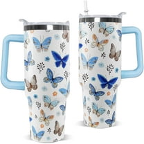 Butterfly Tumbler with Handle and Straw 40 OZ Blue Butterfly Cup Coffee Travel Mug Stainless Steel Insulated Water Bottle Butterflies Stuff Decor Gifts for Women Teenage Bridesmaid