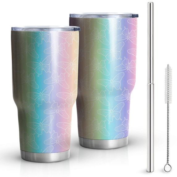 Butterfly Tumbler with Lid and Straw- Butterfly Gifts for Women - Purple Butterflies Cup, Skinny Tumbler, Water Bottle, Coffee Mug - Metal Thermal Insulated Tumblers 30 Oz - Butterfly Decor, Stuff