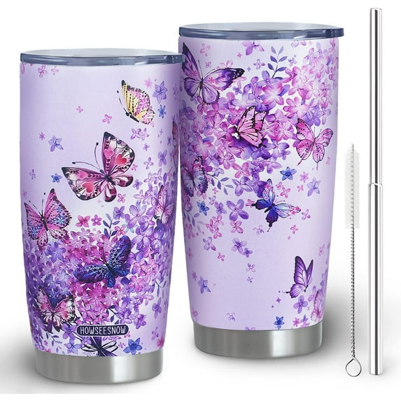 Butterfly Tumbler with Lid and Straw, Butterfly Insulated Travel Coffee Mug, Butterfly Gifts for Women,Mom,Daughter,20 oz Reusable Stainless Steel Tumblers for Women, Purple Iced Coffee Cup