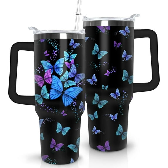 Butterfly Design 30oz Stainless Steel Tumbler with Lid, Straw & Handle - Leakproof Travel Coffee Mug & Water Bottle Gift for Women, Girls, Teens