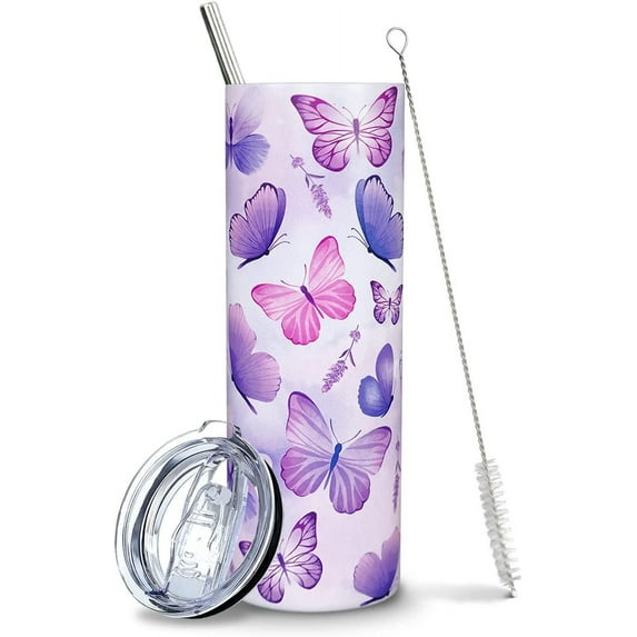 Butterfly Tumbler, Purple Butterfly Gift, Butterfly Drinking Glasses/Coffee Mug, Butterfly Decor Accessories, Butterfly Stuff- Butterfly Gifts for Women, Girls, Mom, Her, Kids - Butterfly Cup 20 Oz