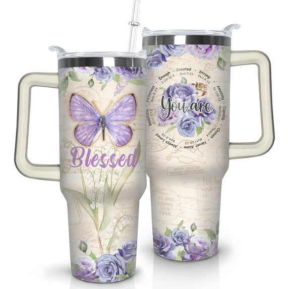 Butterfly Tumbler With Lid, Straw and Handle - 40oz Stainless Steel Travel Coffee Mug Water Bottle - Gift Cup for Women and Girls