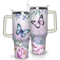 Butterfly Tumbler With Lid, Straw and Handle - 40oz Stainless Steel Travel Coffee Mug Water Bottle - Gift Cup for Women and Girls