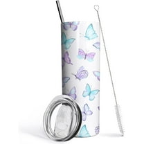 Butterfly Tumbler With Lid and Straw - Gifts for Women, Purple Cup Water Bottle Coffee Mug, Metal Thermal Insulated 20 Oz Tumblers, Butterfly Decor