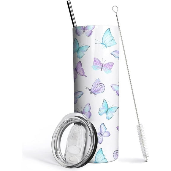 Butterfly Tumbler With Lid and Straw - Gifts for Women, Purple Cup Water Bottle Coffee Mug, Metal Thermal Insulated 20 Oz Tumblers, Butterfly Decor