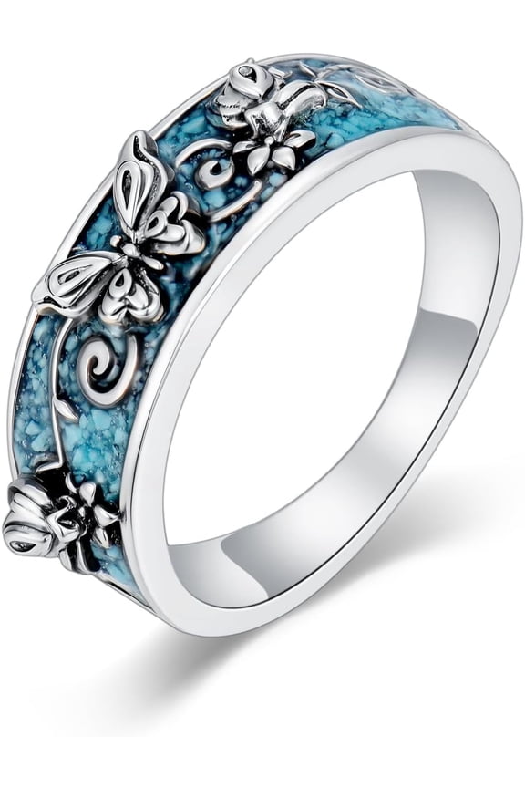 Butterfly Turquoise Rings S925 Sterling Silver Western Boho Butterfly Nature Rings Nature Jewelry Gifts For Women Men Christmas Birthday, Size 9