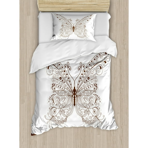 Butterfly Twin Size Duvet Cover Set, Butterfly Artwork with Swirled Wings Vintage Ornate Fashion Style Print, Decorative 2 Piece Bedding Set with 1 Pillow Sham, Brown Grey White, by Ambesonne