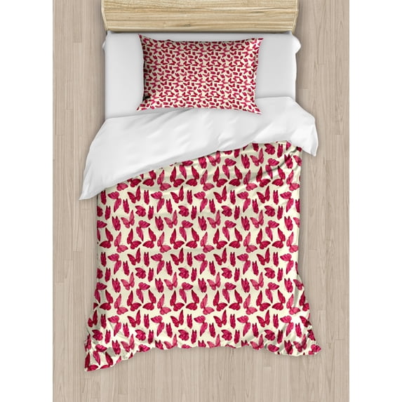 Butterfly Twin Size Duvet Cover Set, Graceful Romantic Spring Theme Abstract Wings Beauty of Nature, Decorative 2 Piece Bedding Set with 1 Pillow Sham, Dark Coral Ruby Pale Yellow, by Ambesonne