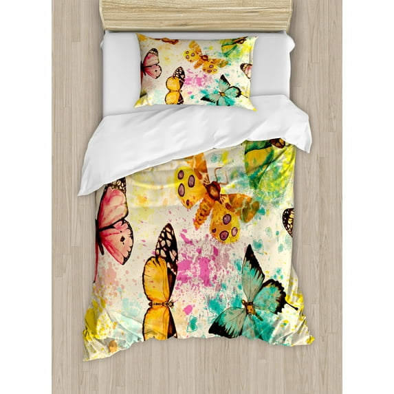 Butterfly Twin Size Duvet Cover Set, Watercolor Murky Grungy Butterflies with Color Splashes Be Mindful Boho Art Print, Decorative 2 Piece Bedding Set with 1 Pillow Sham, Multicolor, by Ambesonne