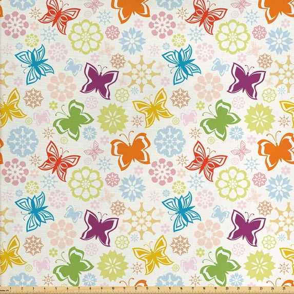 Ambesonne Butterfly Fabric by the Yard Upholstery, Cartoon Style Vivid, 10 Yards, Multicolor