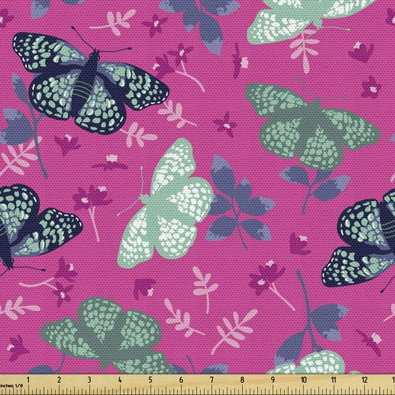 Butterfly Upholstery Fabric by the Yard, Exotic Moths Leaves and Flowers Herbs of Forest Plants Nature Flourish, Decorative Fabric for DIY and Home Accents, Pink and Multicolor by Ambesonne