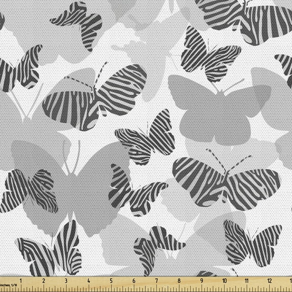 Ambesonne Butterfly Fabric by the Yard Upholstery, Zebra Stripes Motif Art, 2 Yards, White and Grey
