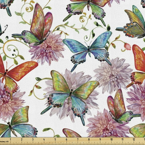 Ambesonne Butterfly Fabric by the Yard Upholstery, Retro Swallowtail Wings, 10 Yards, Multicolor