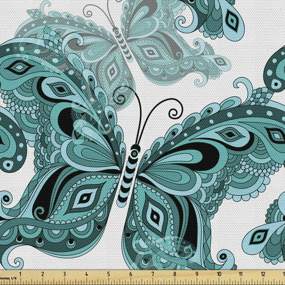 Butterfly Upholstery Fabric by the Yard, Spring Composition with Vintage Butterflies Ornamental Animal Pattern, Decorative Fabric for DIY and Home Accents, 2 Yards, Pale Blue Black Teal by Ambesonne