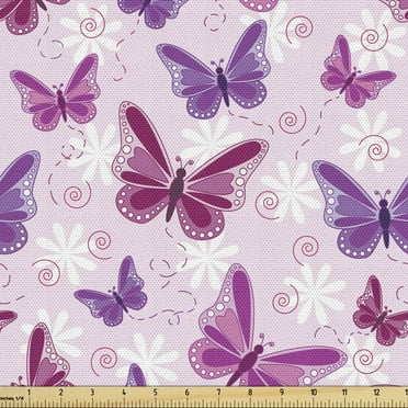 Ambesonne Hippie Fabric by the Yard Upholstery, Butterflies Colors, 1 Yard, Pink Purple