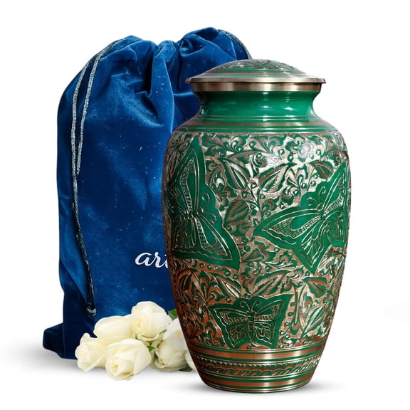 Butterfly Urn for Ashes for Women, Green Brass Urns for Human Ashes Adult Man, Decorative Urns for Human Ash, Cremation Urn for Adults, (10" Large, Upto 200 Cubic Inches Capacity)