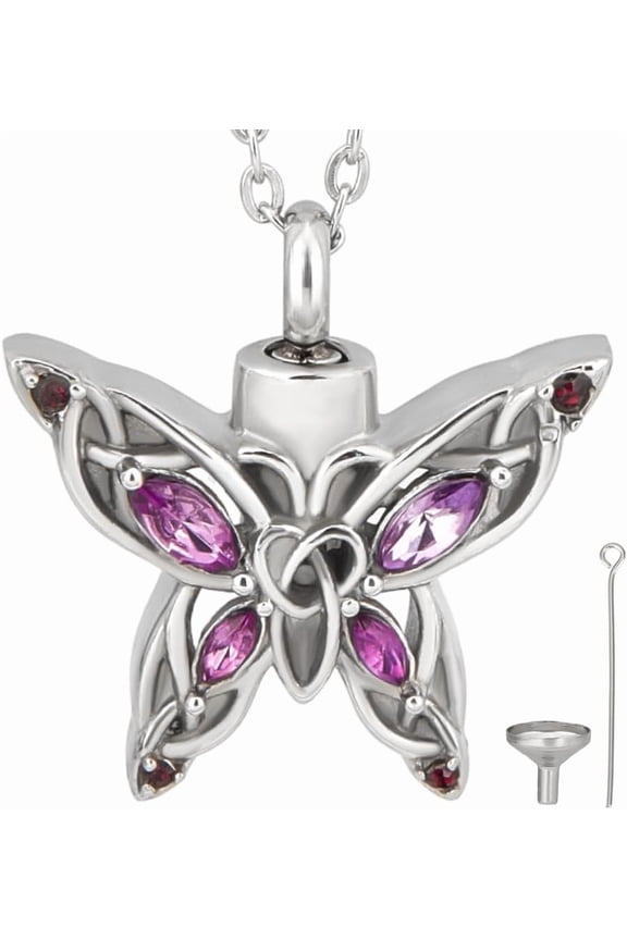 Butterfly Urn Necklace for Ashes Keepsake Cremation Jewelry Mini Purple Rhinestone Stainless Steel Silver Memorial Pendant Urn Necklace with Funnel Pin for Bereavement 21Inch