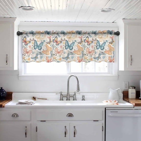 Butterfly Valance Curtains for Kitchen/Living Room/Bathroom/Bedroom Window, Retro Spring Leaves Country Aesthetic Flower Rod Pocket Small Topper Half Short Window Curtains Voile Sheer Scarf 42"x18"