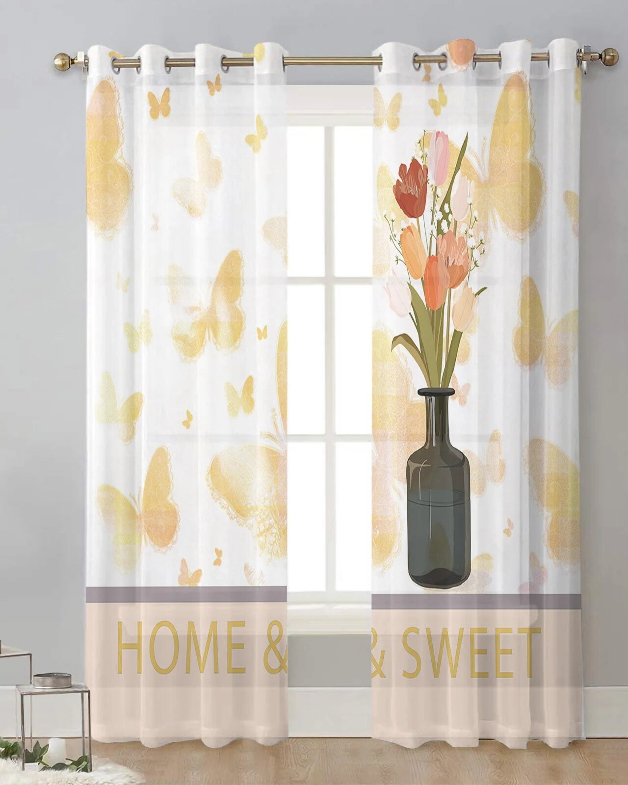 Butterfly Vase Flower Leaf Gradient Modern Tulle Curtains Living Room