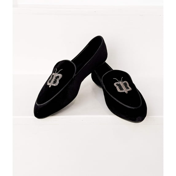 Butterfly Velvet Flats in Black