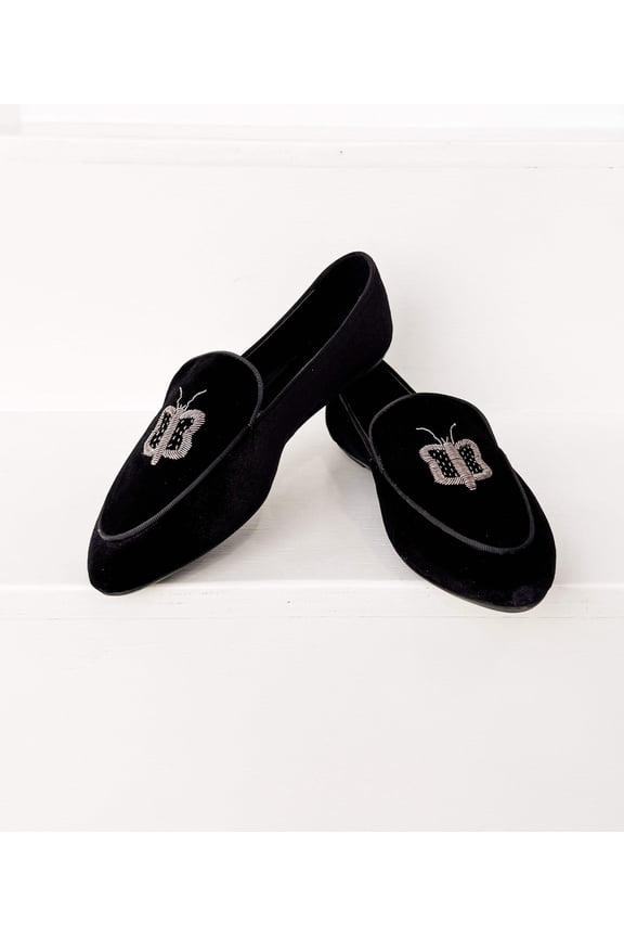 Butterfly Velvet Flats in Black