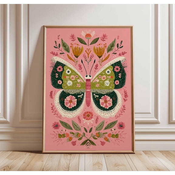 Butterfly Vibrant Boho Botanical Cottagecore Pink and Green Aesthetic Art Unframed Paper Print