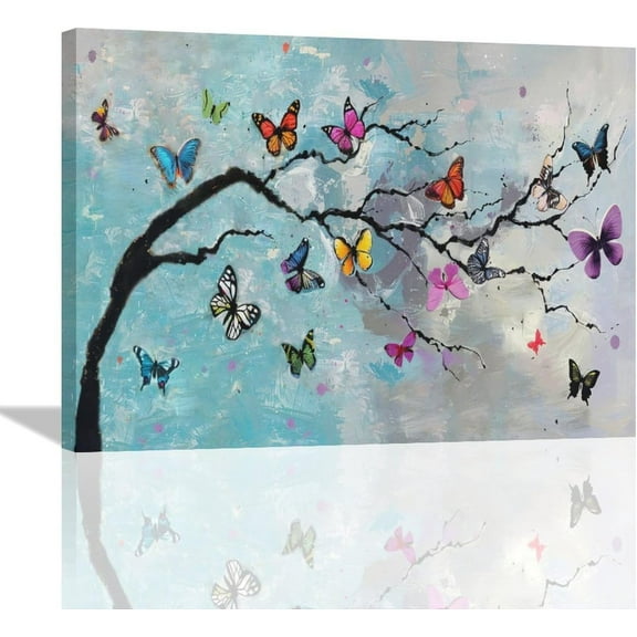 Butterfly Wall Art Abstract Graffiti Butterflies Tree Pictures Wall Decor Large Master Over Above Bed Canvas Prints Horizontal Framed Artwork Paintings Home Office Decorations For Living Room 16"x12"